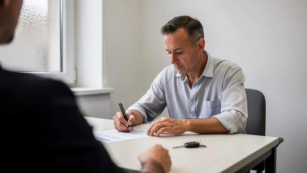 A man signs a minibus rental contract at the desk of a vehicle rental office near Paris.