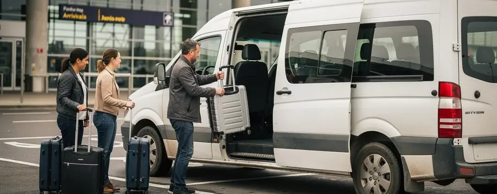 A driver loads luggage into a 9-seater minibus outside the terminal at Paris-Charles de Gaulle airport.