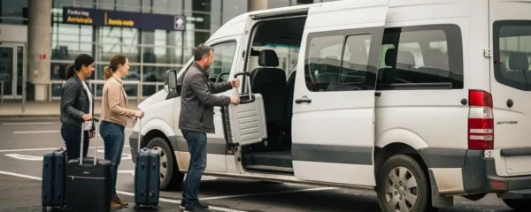 A driver loads luggage into a 9-seater minibus outside the terminal at Paris-Charles de Gaulle airport.