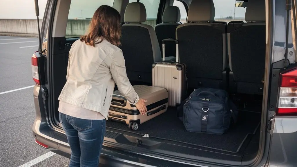 A woman slides a suitcase into the cargo area of a 9-seater minibus with the rear seats folded down.